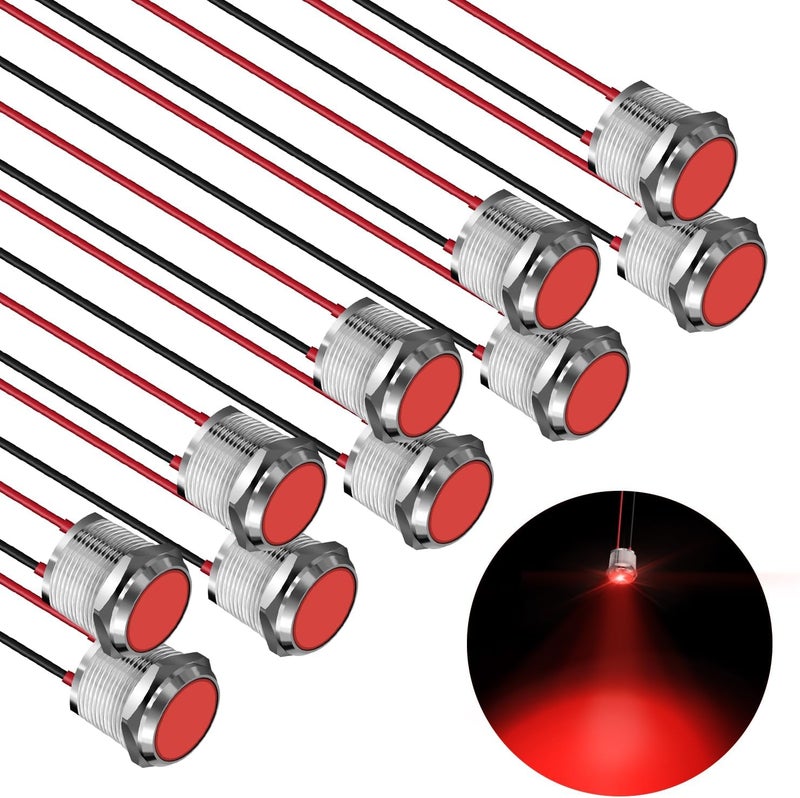 FICOLPO 10 قطع ضوء مؤشر معدني LED مقاوم للماء، 12-24 فولت، ثقب تركيب بقطر 0.63 بوصة، ضوء إشارة طيار موصل مسبقًا للسيارات والشاحنات والقوارب والبحرية والعدادات والكهرباء الصناعية (أحمر، 16 مم) - Image 1